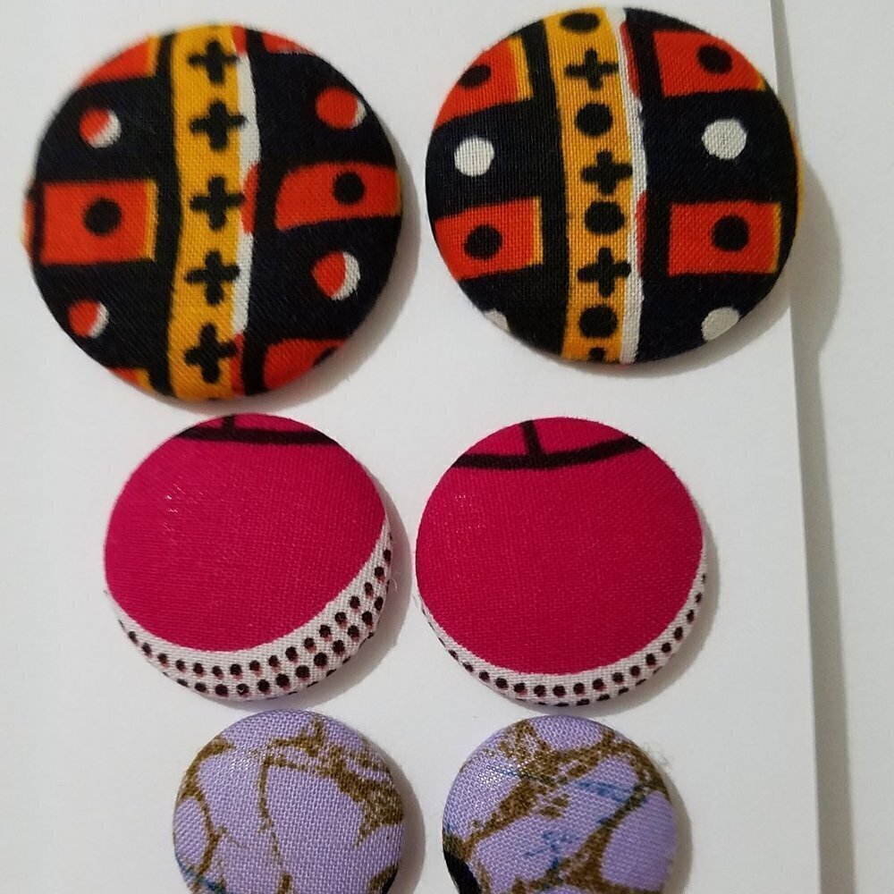 Hand Crafted Earrings Lot of 3 African Ankara Fabric Button Yellow Black Orange